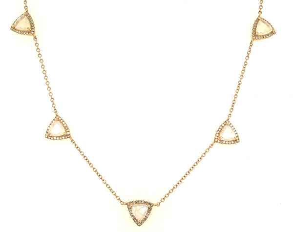 14K Yellow Gold Diamond + Triangle Rainbow Moonstone Necklace