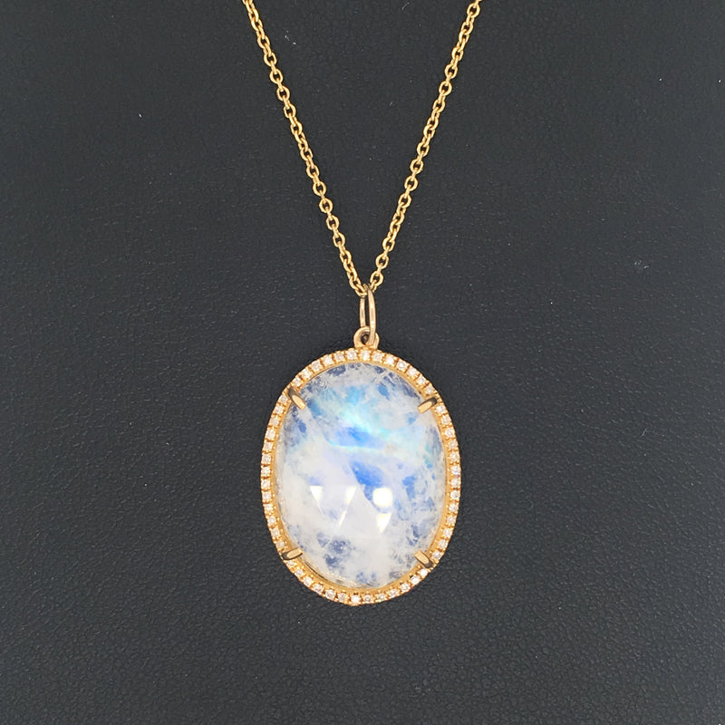 14K Yellow Gold Round Diamond + Oval Rainbow Moonstone Pendant-Necklaces-GETANA & CO-
