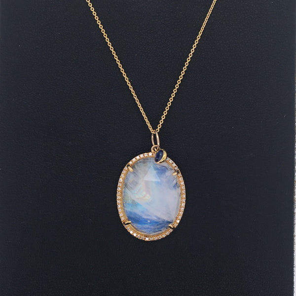 14K Yellow Gold Round Diamond + Oval Rainbow Moonstone & Sapphire Pendant