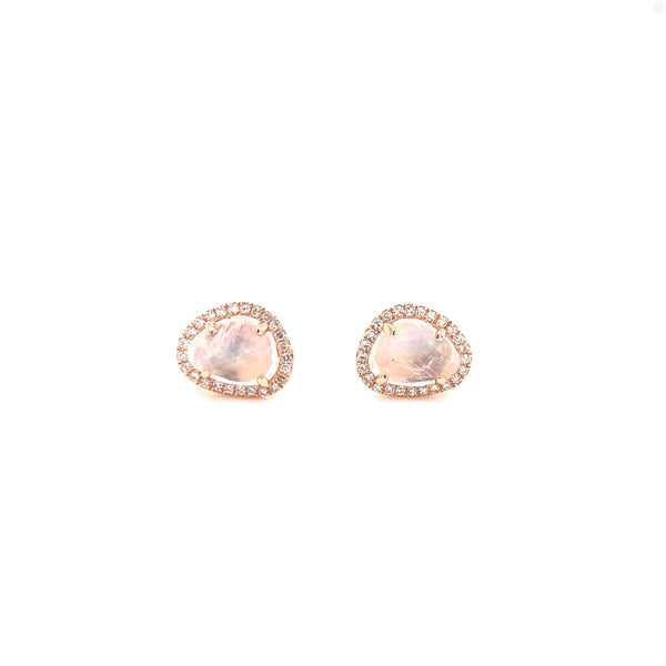 14K Rose Gold Round Diamond + Moonstone Freeform Stud Earrings