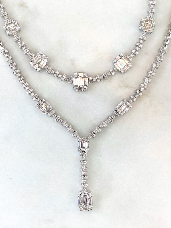 18K White Gold Round and Baguette Diamond Y Necklace