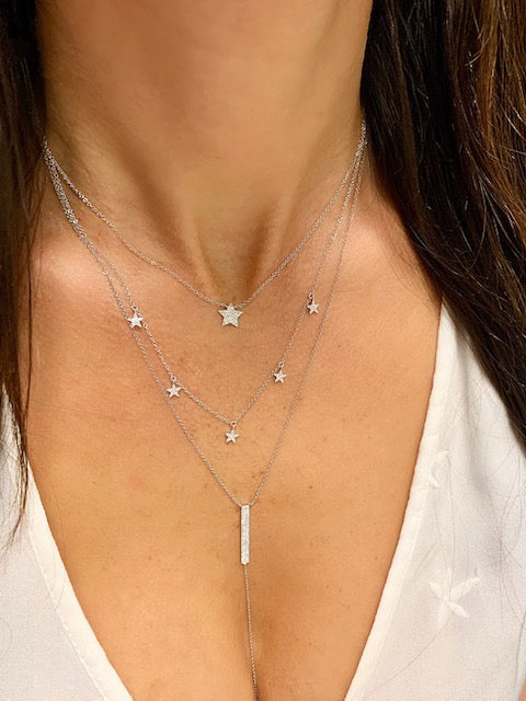 14K White Gold Pave Diamond Bar Lariat Necklace