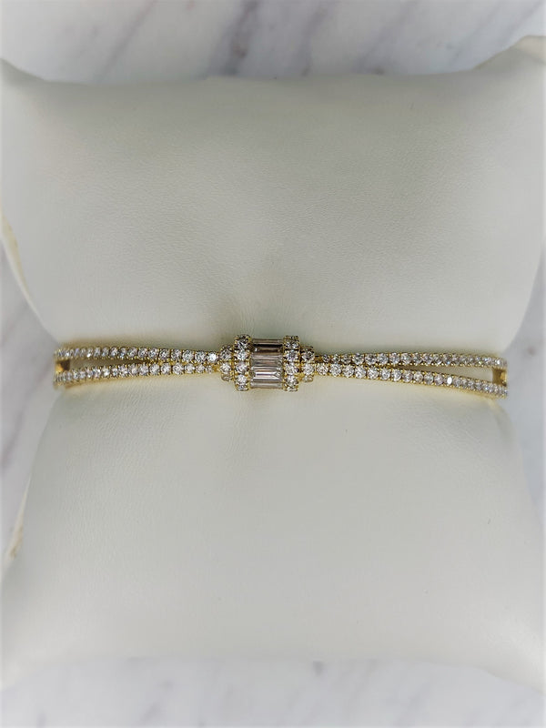 18K Yellow Gold Round + Baguette Cross Hinged Bangle-Bangles-pink diamond-