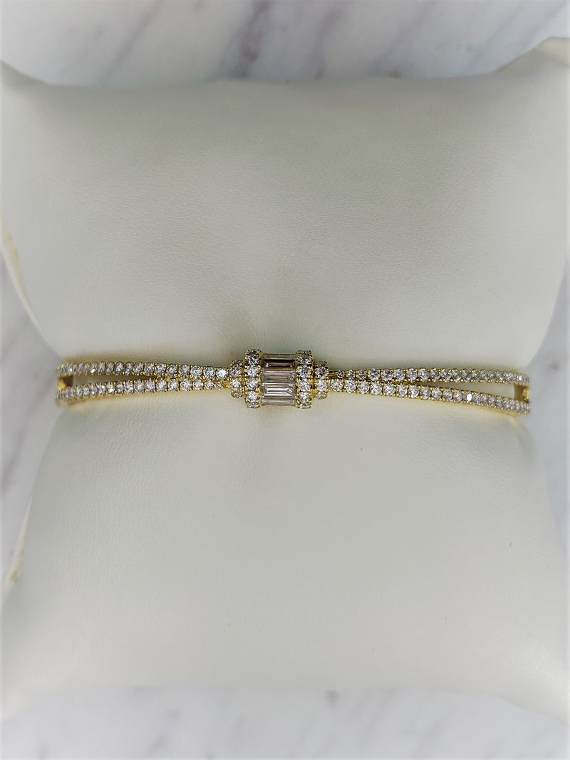 18K Yellow Gold Round + Baguette Cross Hinged Bangle-Bangles-pink diamond-