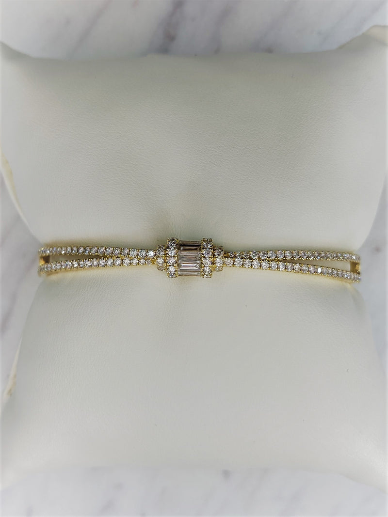 18K Yellow Gold Round + Baguette Cross Hinged Bangle