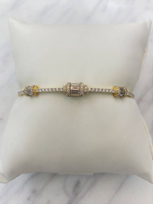 18K Yellow Gold Round + Baguette Diamond Hinged Bangle-Bangles-pink diamond-