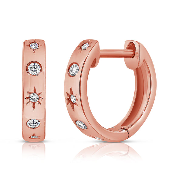 14K Rose Gold Diamond Star Huggie Earrings