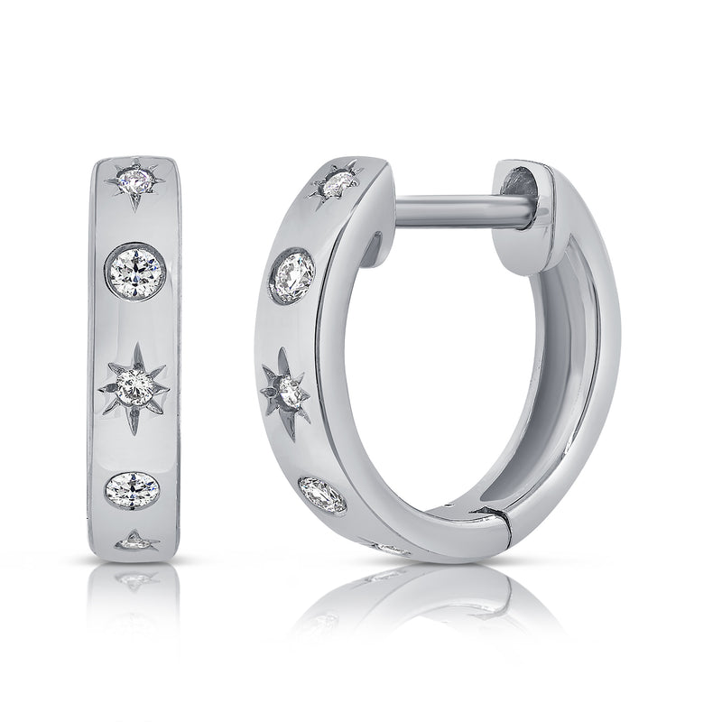 14K Rose Gold Diamond Star Huggie Earrings-EARRINGS-Maurice's Jewelers-WHITE GOLD-