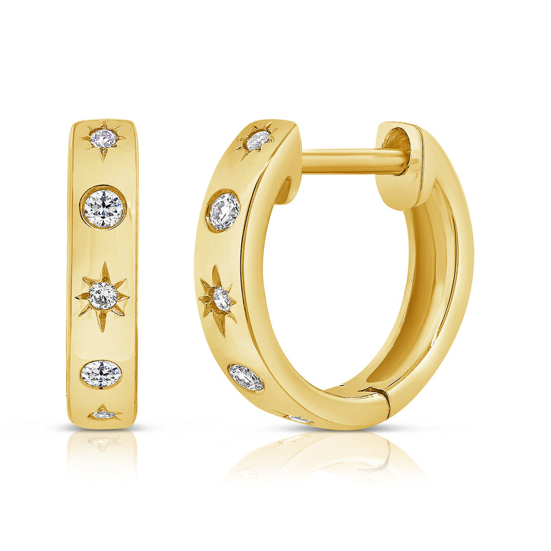 14K Yellow Gold Diamond Star Huggie Earrings