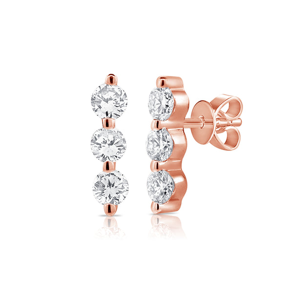 14K Rose Gold Triple Diamond Bar Earrings
