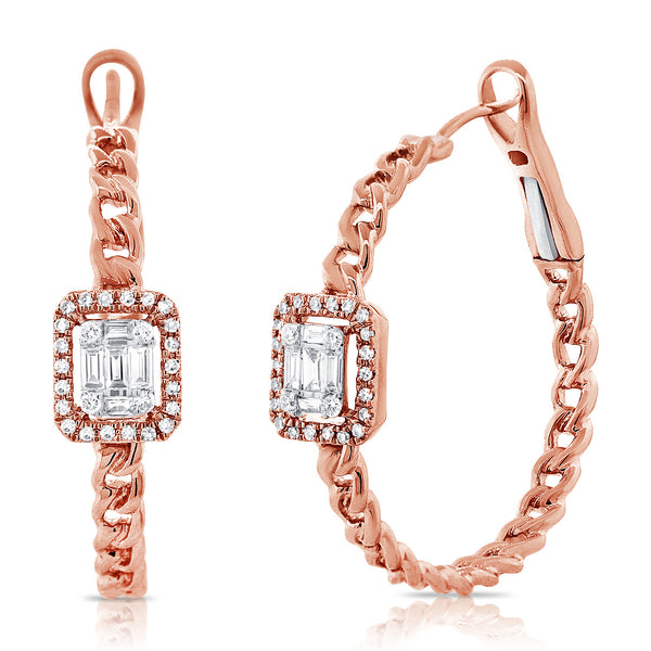 14K Rose Gold Baguette Diamond Curb Link Hoop Earrings