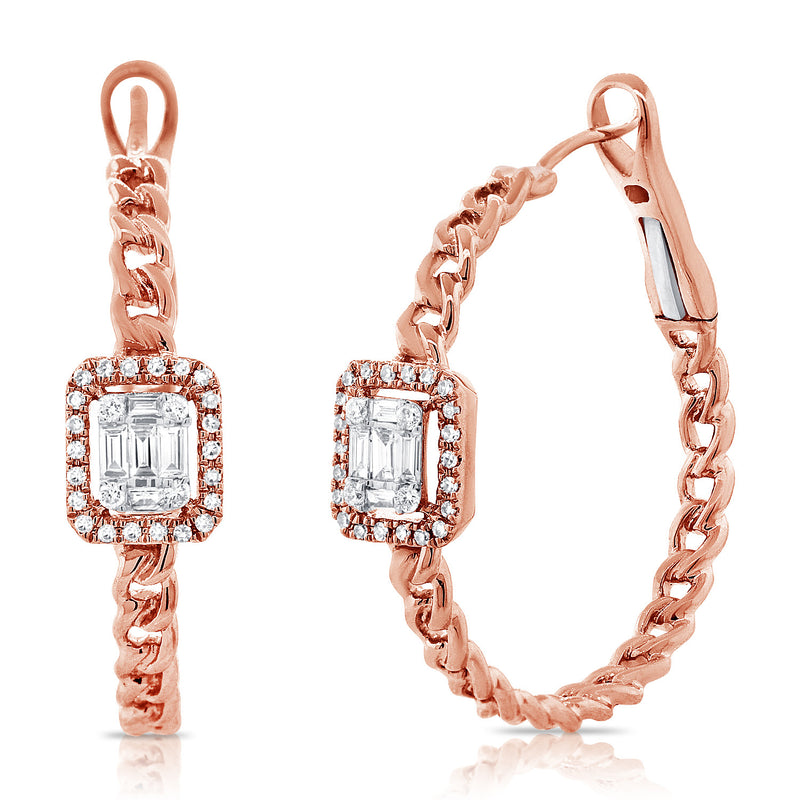 14K White Gold Baguette Diamond Curb Link Hoop Earrings-EARRINGS-Maurice's Jewelers-Rose Gold-