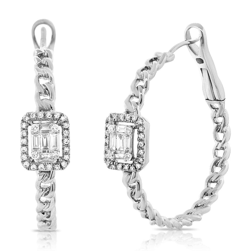 14K White Gold Baguette Diamond Curb Link Hoop Earrings-EARRINGS-Maurice's Jewelers-White Gold-