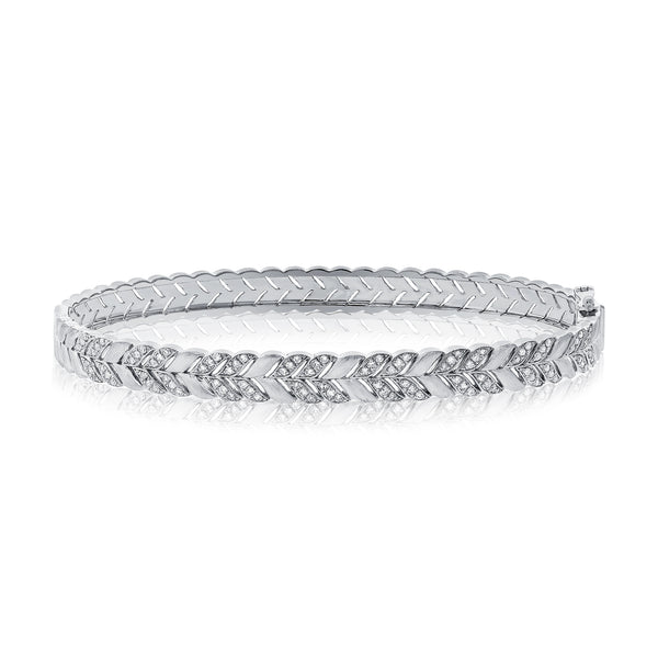 14K White Gold Diamond Herringbone Hinged Bangle