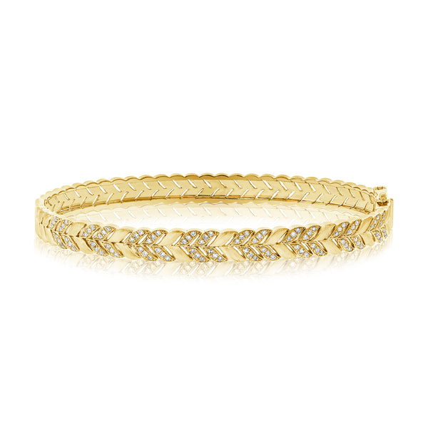 14K Yellow Gold Diamond Herringbone Hinged Bangle