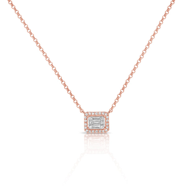 14K Rose Gold Round+Baguette Cluster Necklace