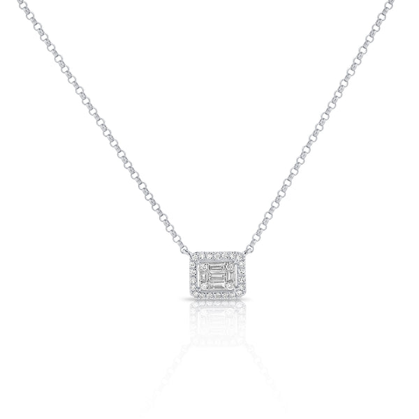 14K White Gold Round+Baguette Cluster Necklace