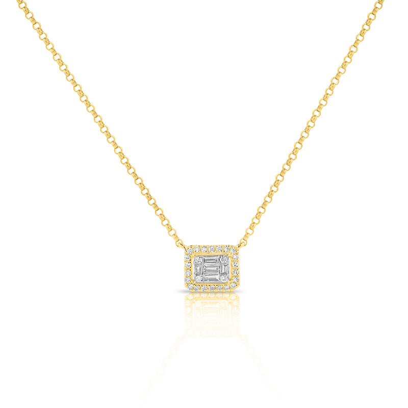 14K White Gold Round+Baguette Cluster Necklace