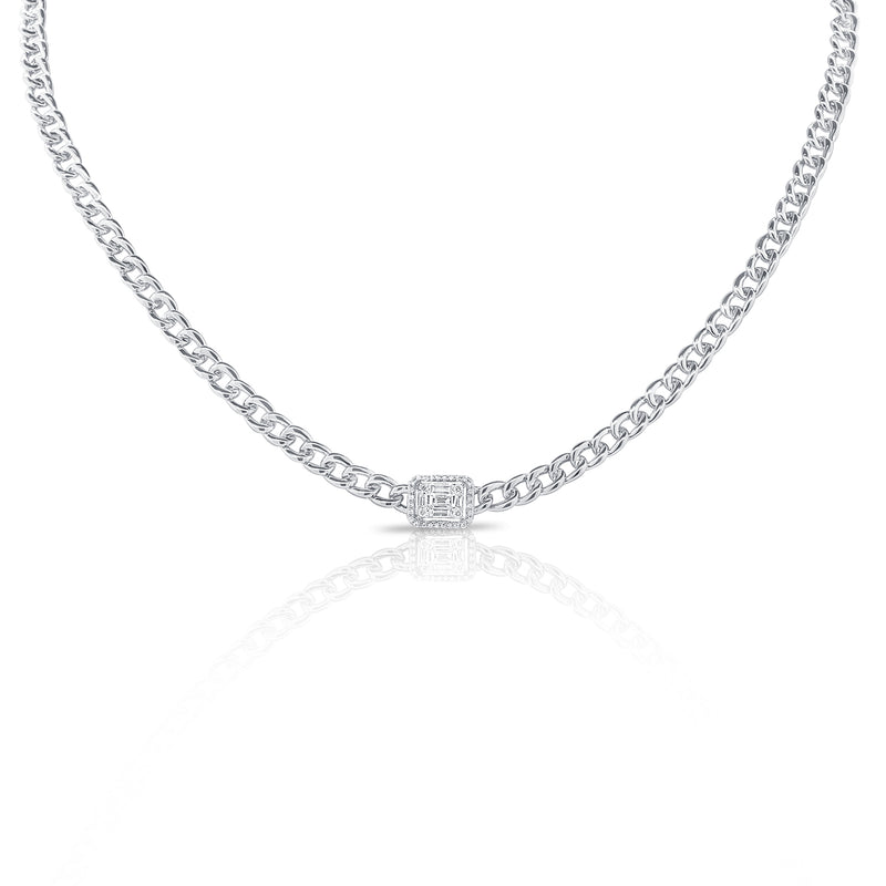 14K White Gold Diamond Center & Curb Link Collar/Choker Necklace