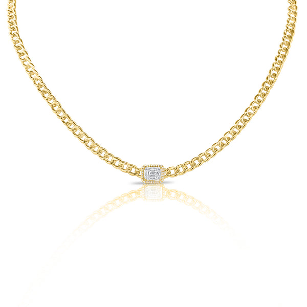 14K Yellow Gold Diamond Center & Curb Link Collar/Choker Necklace