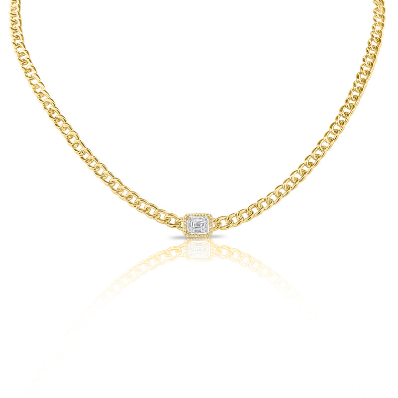 14K White Gold Diamond Center & Curb Link Collar/Choker Necklace