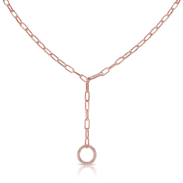 14K Rose Gold Diamond Pave Circle "Y" Necklace