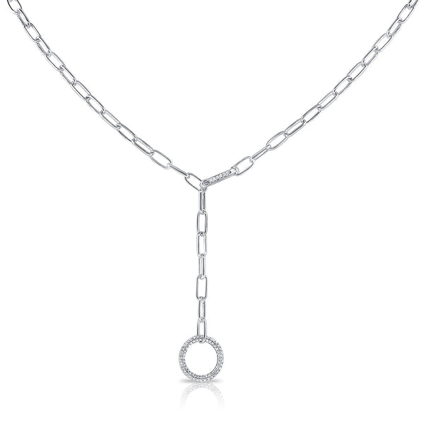 14K White Gold Diamond Pave Circle "Y" Adjustable Necklace