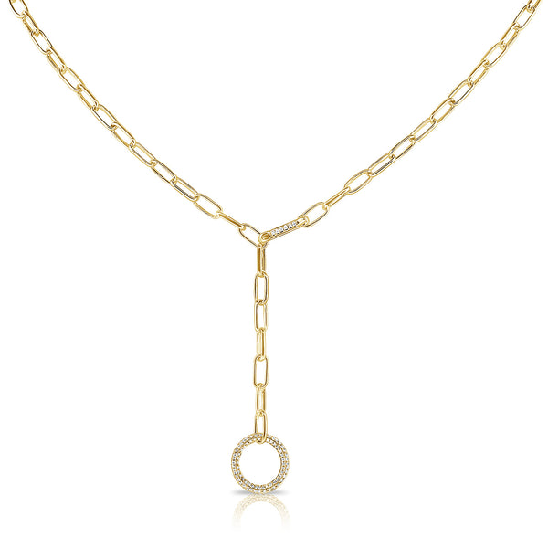 14K Yellow Gold Diamond Pave Circle "Y" Necklace-Necklaces-aaron jewelry-