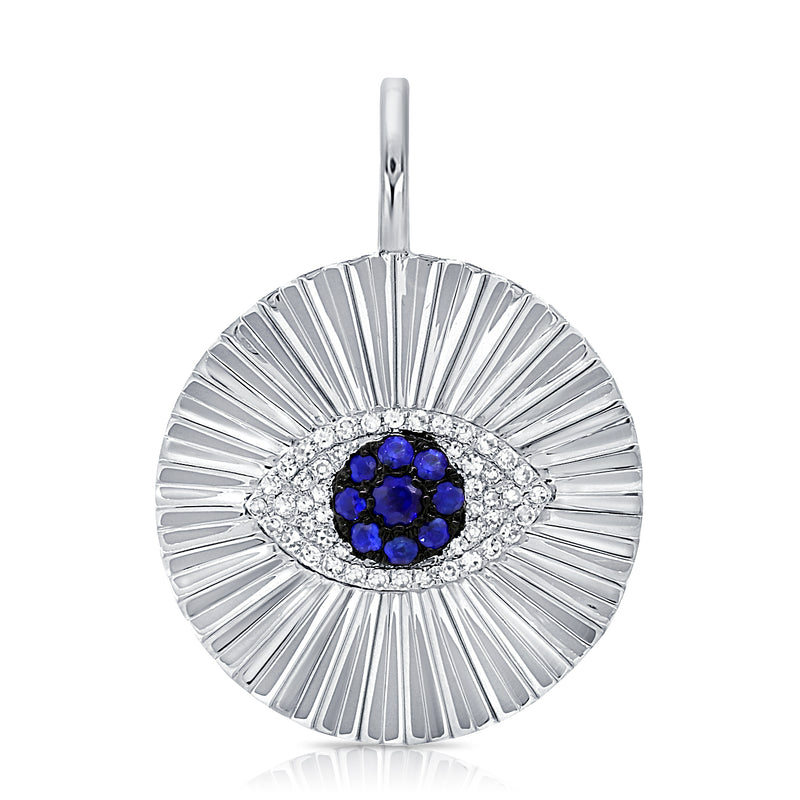 14K White Gold Diamond & Sapphire Evil Eye Fluted Charm Pendant-Charms & Pendants-Maurice's Jewelers-White Gold-
