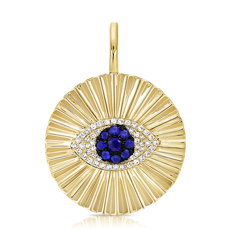 14K White Gold Diamond & Sapphire Evil Eye Fluted Charm Pendant-Charms & Pendants-Maurice's Jewelers-Yellow Gold-