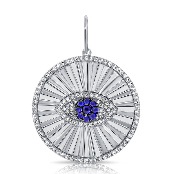 14K White Gold Diamond+Sapphire Evil Eye Halo Pendant-Charms & Pendants-aaron jewelry-WHITE GOLD-
