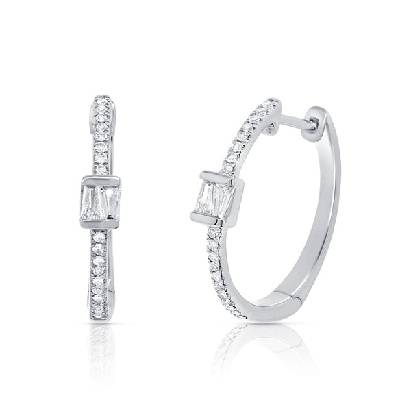 14K White Gold Round and Baguette Diamond Hoop Earrings-EARRINGS-aaron jewelry-