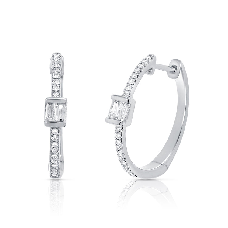 14K White Gold Round and Baguette Diamond Hoop Earrings-EARRINGS-aaron jewelry-