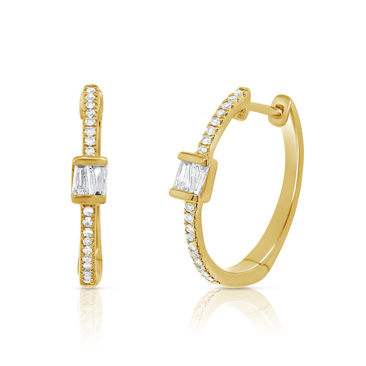14K Yellow Gold Round and Baguette Diamond Hoop Earrings