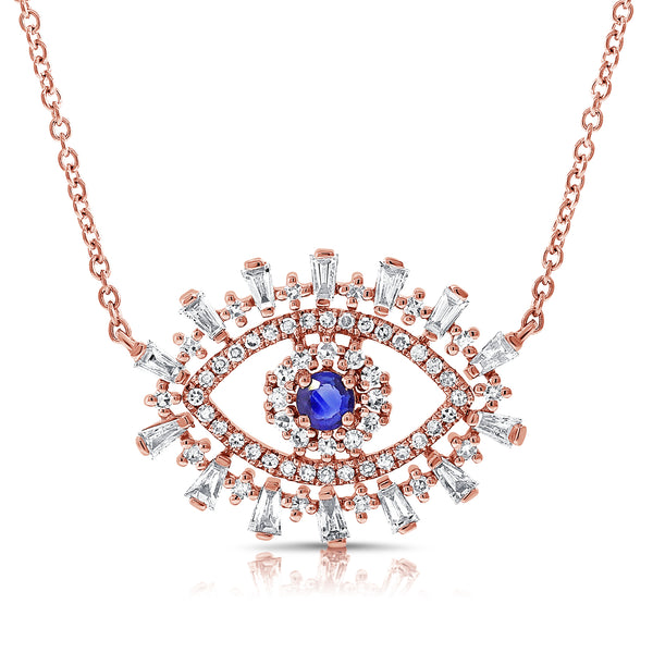14K Rose Gold Diamond + Sapphire Evil Eye Necklace-Necklaces-Maurice's Jewelers-ROSE GOLD-