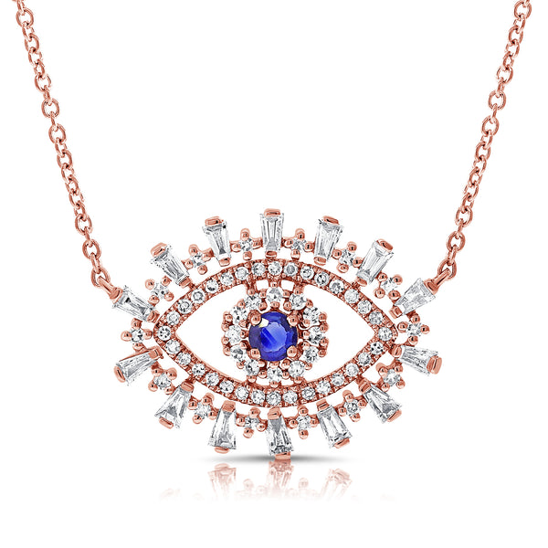 14K Rose Gold Diamond + Sapphire Evil Eye Necklace