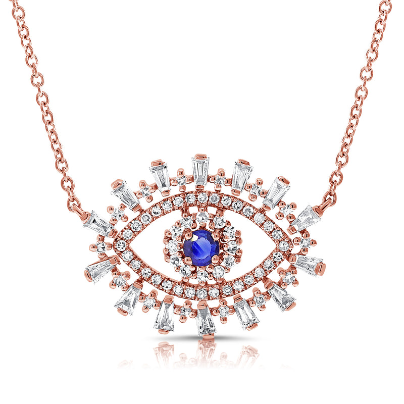 14K Rose Gold Diamond + Sapphire Evil Eye Necklace-Necklaces-Maurice's Jewelers-ROSE GOLD-