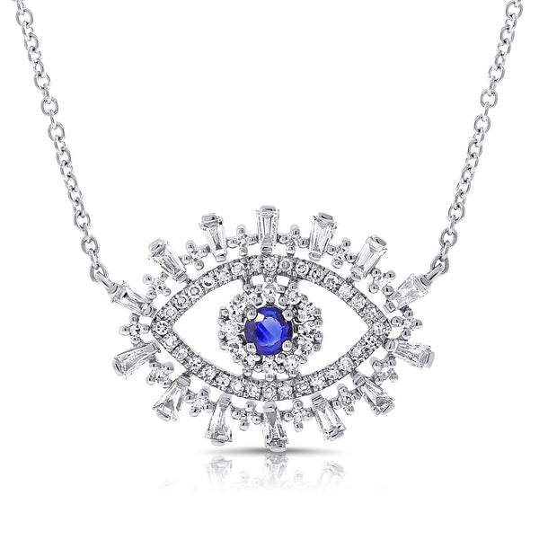 14K White Gold Diamond + Sapphire Evil Eye Necklace