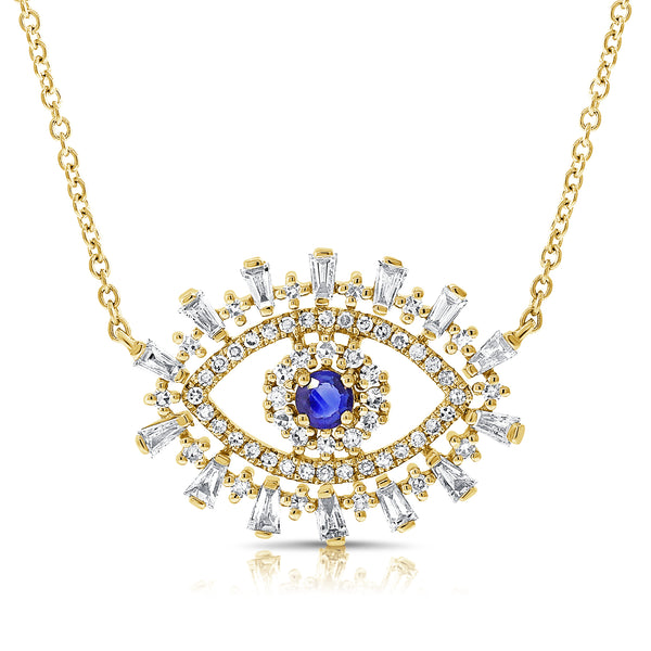 14K Yellow Gold Diamond + Sapphire Evil Eye Necklace