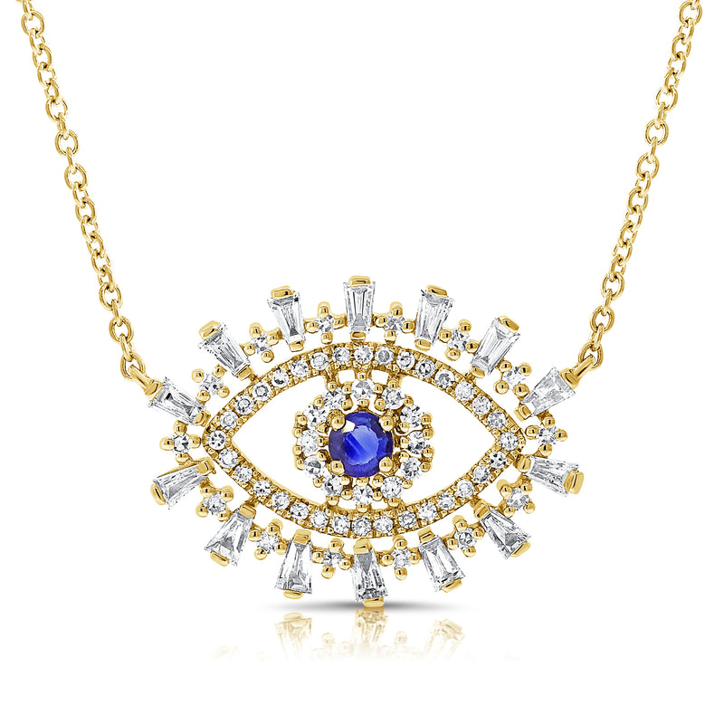 14K Rose Gold Diamond + Sapphire Evil Eye Necklace