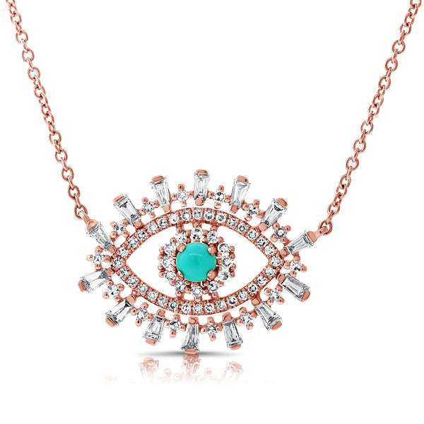 14K Rose Gold Diamond + Turquoise Evil Eye Necklace