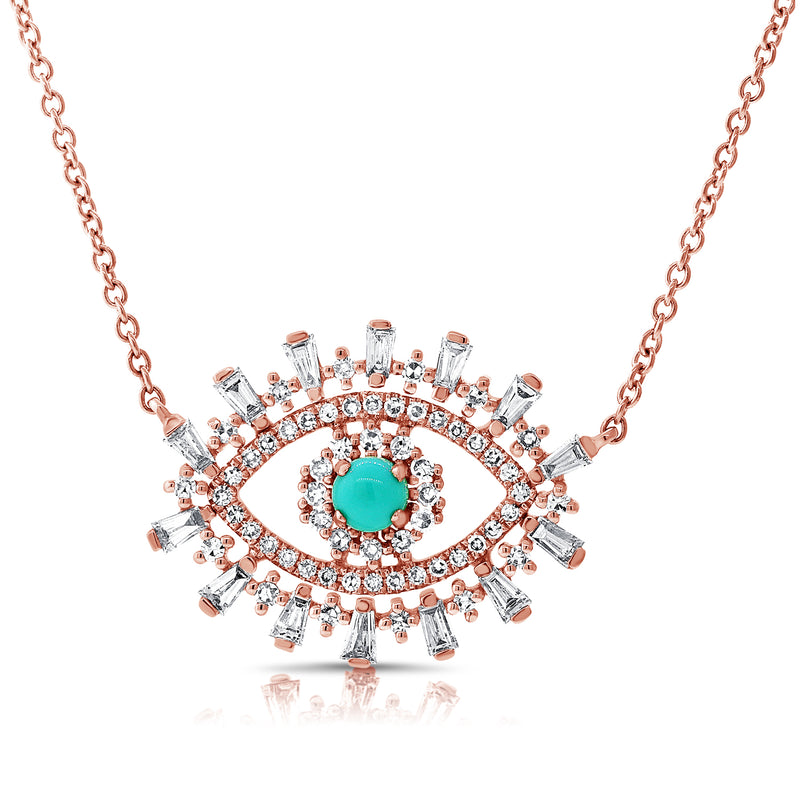 14K White Gold Diamond + Turquoise Evil Eye Necklace