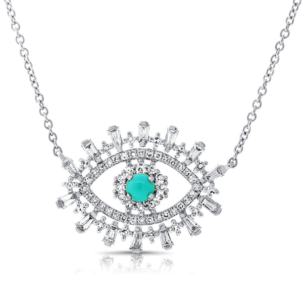 14K White Gold Diamond + Turquoise Evil Eye Necklace-Necklaces-Maurice's Jewelers-WHITE GOLD-