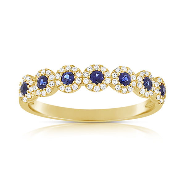 14K White Gold Diamond Halo + Sapphire Band