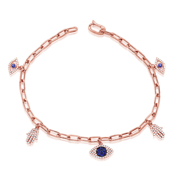 14K Rose Gold Diamond and Sapphire Charm Bracelet