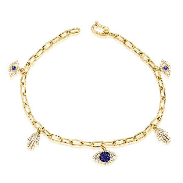 14K Yellow Gold Diamond and Sapphire Charm Bracelet