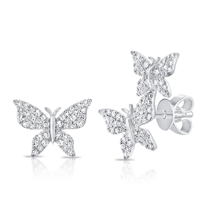 14K White Gold Diamond Butterfly Stud Earrings