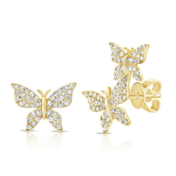 14K Yellow Gold Diamond Butterfly Stud Earrings