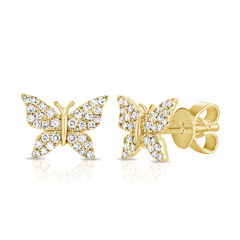 14K Yellow Gold Diamond Pave Butterfly Stud Earrings