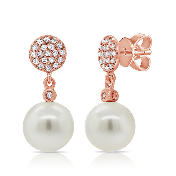 14K Rose Gold Diamond Disc + Pearl Earrings